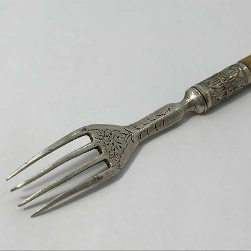 Victorian Sheffield silver pickle fork with bone handle