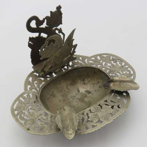 Vintage silverplated ashtray with matchbox holder with pixie motif
