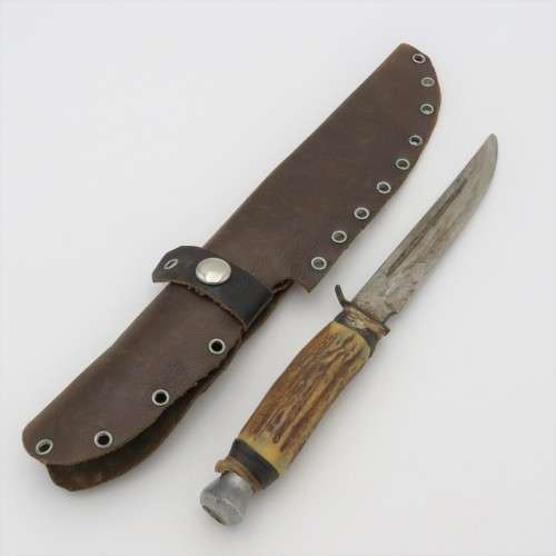 Vintage Skinner fixed blade knife with horn handle - Well used