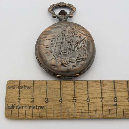 Full hunter quartz pocketwatch with sailing ship motif - Needs battery