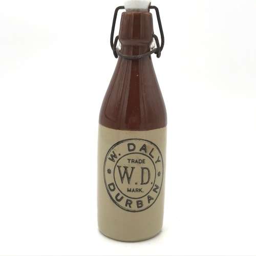 Antique W. Daly, Durban ceramic ginger beer bottle with lid