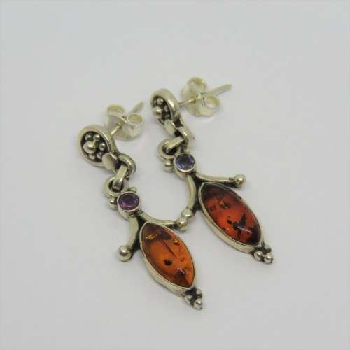 Pair of sterling silver amber earrings - Weighs 4,8 g
