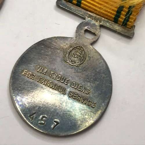 Pair of SA Prison Service miniature medals - 10 Year #1029, 20 year #457