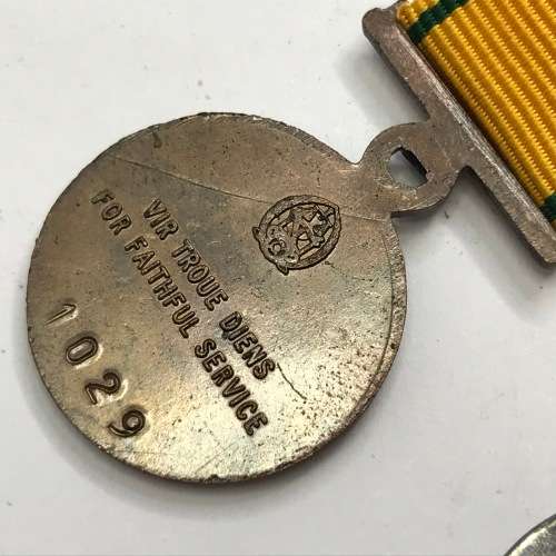 Pair of SA Prison Service miniature medals - 10 Year #1029, 20 year #457