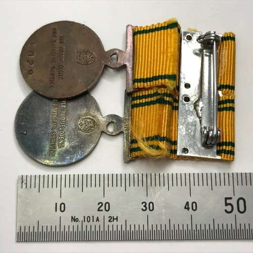Pair of SA Prison Service miniature medals - 10 Year #1029, 20 year #457