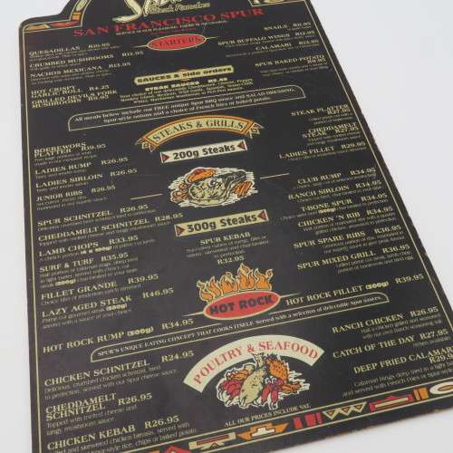 Vintage San Francisco Spur Strand wooden menu - Spur Burger R13,95