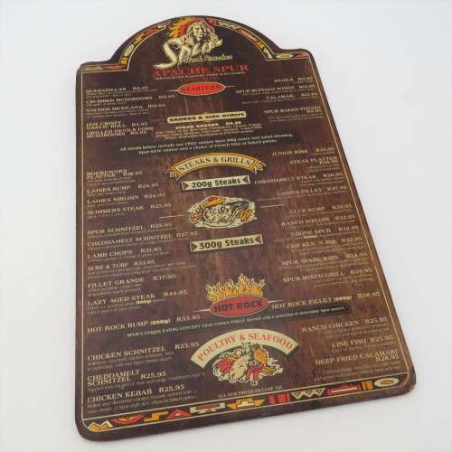 Vintage Apache Spur Cape Town wooden menu - Spur Burger R12,95