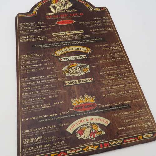 Vintage Apache Spur Cape Town wooden menu - Spur Burger R12,95