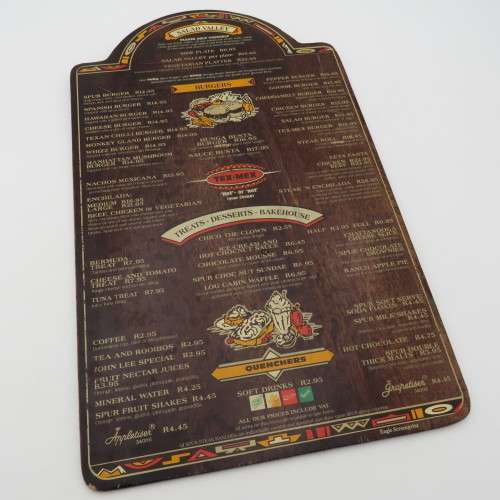 Vintage Apache Spur Cape Town wooden menu - Spur Burger R12,95