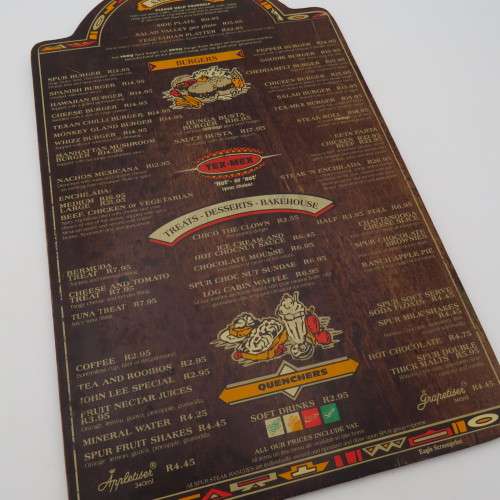Vintage Apache Spur Cape Town wooden menu - Spur Burger R12,95