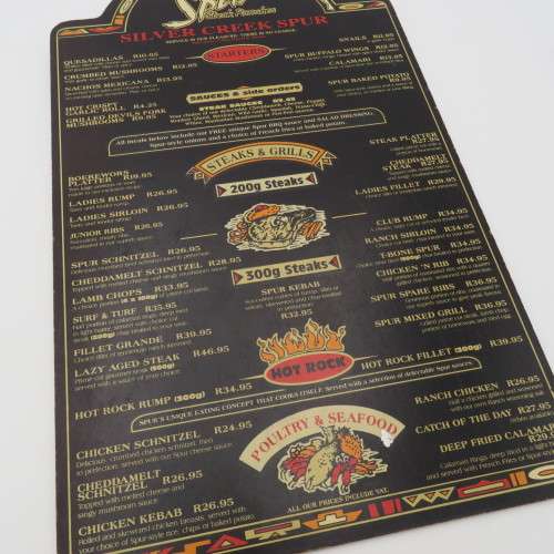 Vintage Silver Creek Spur Durbanville wooden menu - Spur Burger R13,95