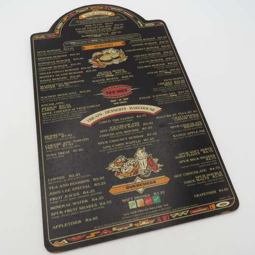 Vintage Silver Creek Spur Durbanville wooden menu - Spur Burger R13,95