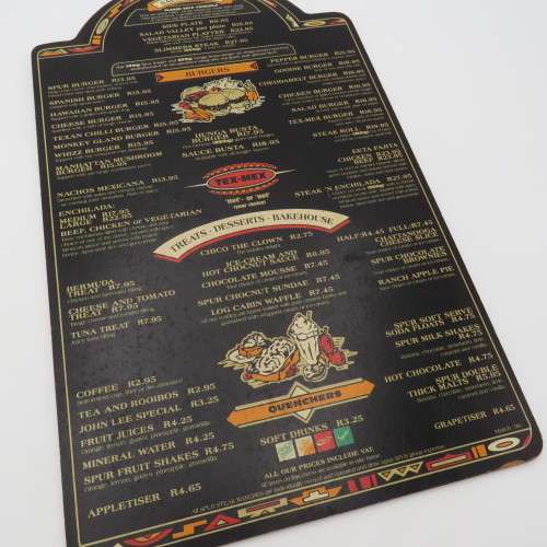 Vintage Silver Creek Spur Durbanville wooden menu - Spur Burger R13,95