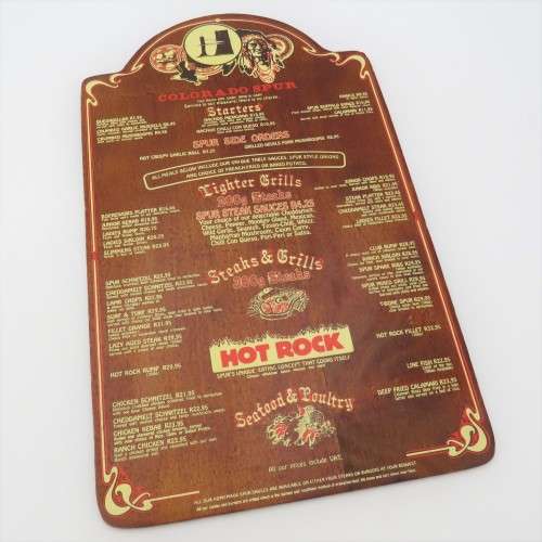 Vintage Colorado Spur Kathu wooden menu - Spur Burger R10,95