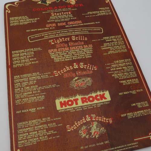 Vintage Colorado Spur Kathu wooden menu - Spur Burger R10,95