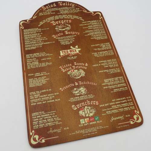 Vintage Colorado Spur Kathu wooden menu - Spur Burger R10,95