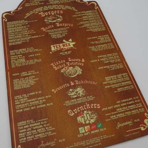 Vintage Colorado Spur Kathu wooden menu - Spur Burger R10,95