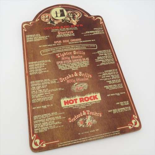 Vintage Colorado Spur Kathu wooden menu - Spur Burger R11,95