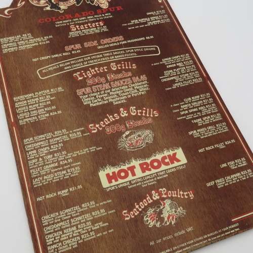 Vintage Colorado Spur Kathu wooden menu - Spur Burger R11,95