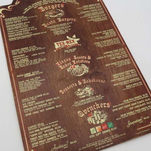 Vintage Colorado Spur Kathu wooden menu - Spur Burger R11,95