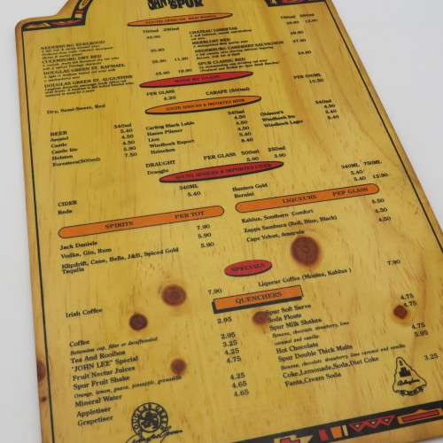 Vintage Santa Ana Spur Waterfront wooden drinks menu - Castle beer R4.50