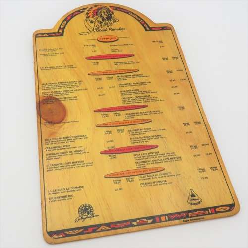 Vintage Santa Ana Spur Waterfront wooden drinks menu - Castle beer R4.50