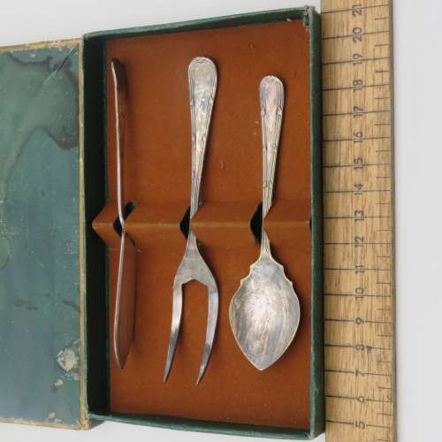 Vintage EPNS bread table set with butter knife , pickle fork and jam spoon