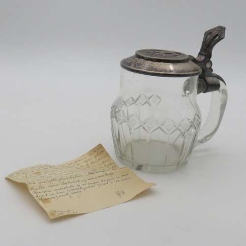 Vintage glass tankard with lid (rowing trophy) that belonged to Hugo Zu Bentheim