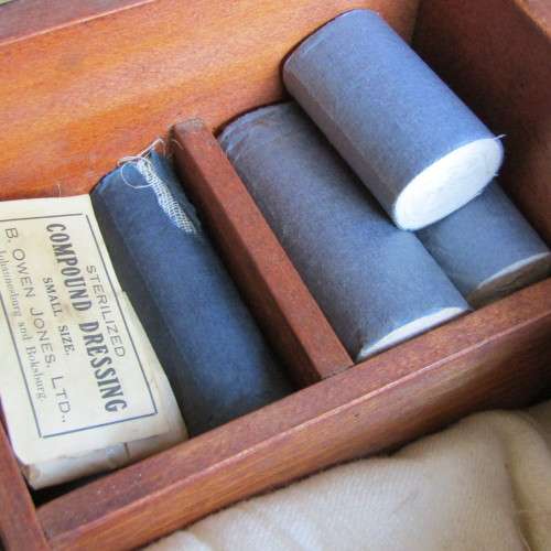 Antique wooden First Aid box with contents