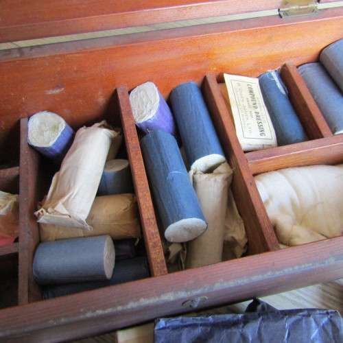 Antique wooden First Aid box with contents