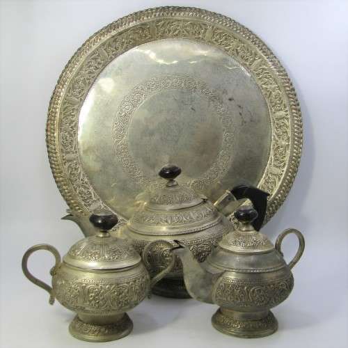 Vintage Eastern silver plated tea set - tea pot, milk jug, sugar bowl and tray