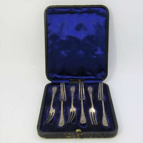Vintage silver plated pickle forks in box