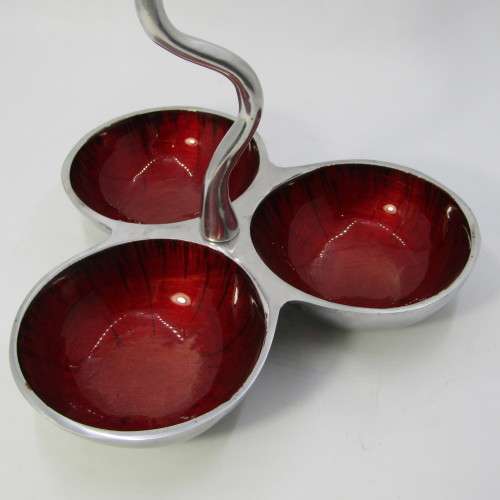 Aluminum and enamel triple sweets dish