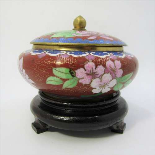 Vintage Chinese Cloisonne bowl with lid on stand