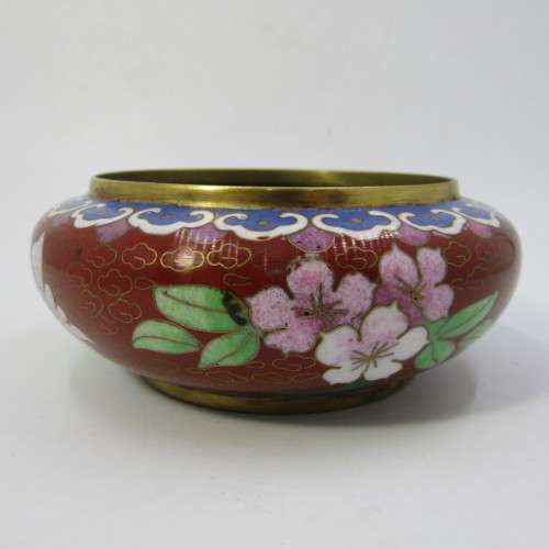 Vintage Chinese Cloisonne bowl with lid on stand