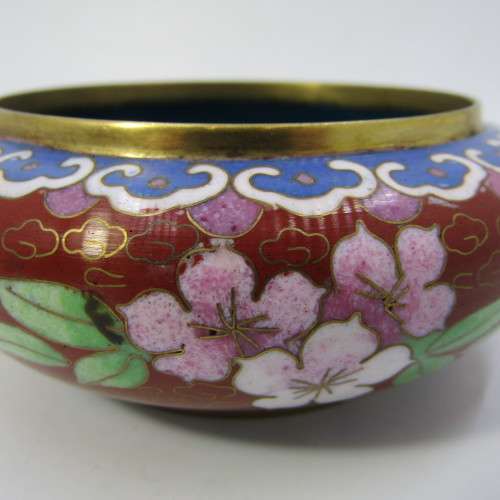 Vintage Chinese Cloisonne bowl with lid on stand