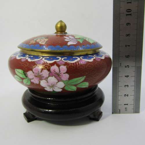 Vintage Chinese Cloisonne bowl with lid on stand