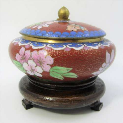 Vintage Chinese Cloisonné bowl with lid on stand