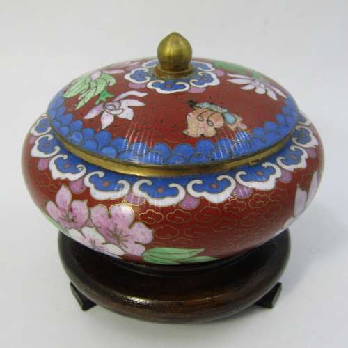Vintage Chinese Cloisonné bowl with lid on stand