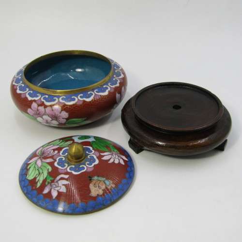 Vintage Chinese Cloisonné bowl with lid on stand