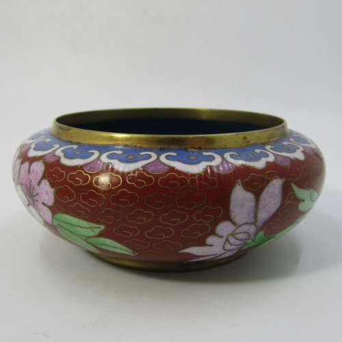 Vintage Chinese Cloisonné bowl with lid on stand