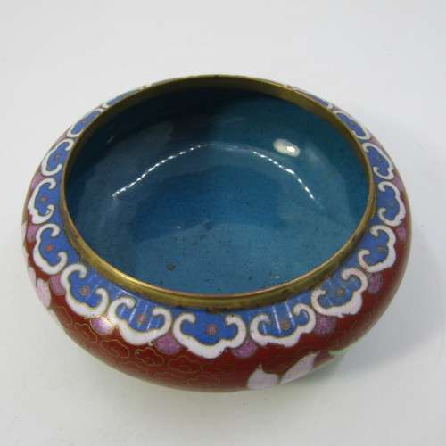 Vintage Chinese Cloisonné bowl with lid on stand