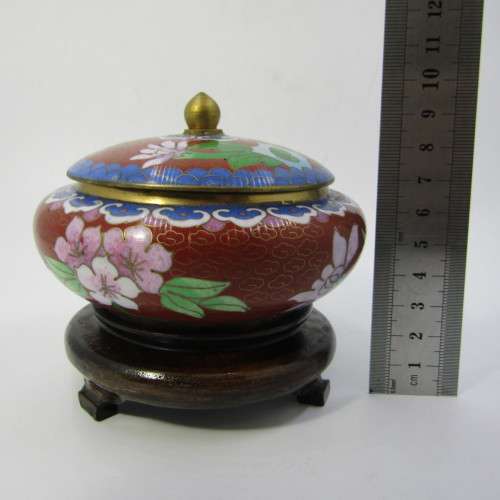 Vintage Chinese Cloisonné bowl with lid on stand