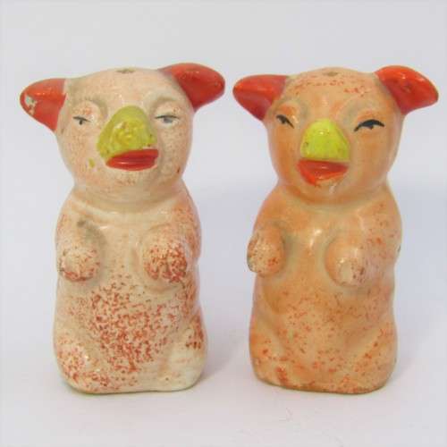 Pair of vintage porcelain pig salt and pepper shakers