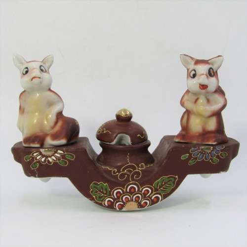Vintage oriental squirrel salt and pepper shakers with mustard pot on stand