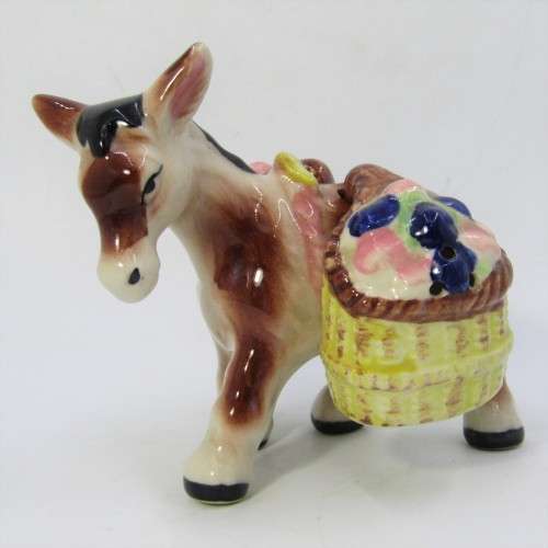 Vintage porcelain donkey with flower basket salt and pepper shakers