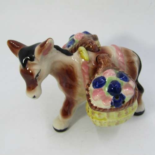 Vintage porcelain donkey with flower basket salt and pepper shakers