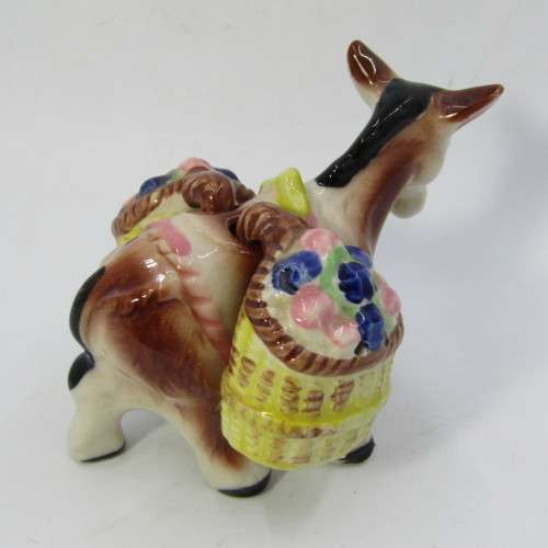 Vintage porcelain donkey with flower basket salt and pepper shakers