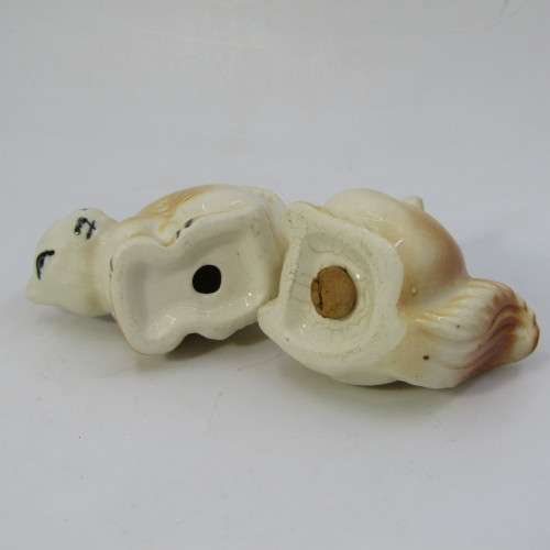 Vintage porcelain squirrels salt and pepper shaker on stand