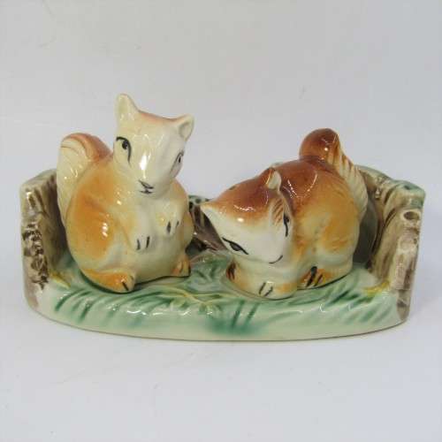 Vintage porcelain squirrels salt and pepper shaker on stand